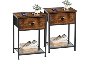 AMHANCIBLE Bedside Table Set of 2, Small Side Table with Fabric Drawer, Sofa Side Table with Storage Shelf, Nightstand with Metal Frame, Coffee Table for Bedroom, Living Room, Rustic Brown UHET03SDBR