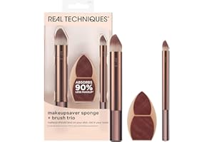 Real Techniques Makeupsaver Sponge + Brush Trio, Makeup Blending Sponge & Brushes For Liquid & Cream Formulations, Natural Finish & Reduces Makeup Waste, Cruelty & Latex-Free 3 Piece Set