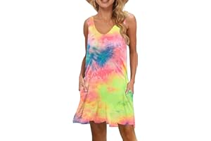 WNEEDU Women's Summer Beach Dresses Casual Sleeveless Cover Ups V Neck Swing Tank Dress wtih Pockets