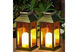 Joycome Farolillos Solares Exterior 2 Piezas Grande Lampara Jardin con Vela Parpadeante, Farol Solar IP44 Impermeable Lampara Exterior Mesa, Linterna para Adornos Jardin Terraza Balcón Decoracion