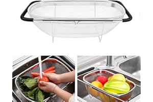 DHSWNNG Waschbecken Sieb aus Edelstahl, Ausziehbar Rostfreier Stahl Spülbecken Sieb mit Feinsiebkorb und Gummigriff Siebs für Spüle zum Abseihen Abtropfen Waschen von Obst Gemüse (27x18x11cm)