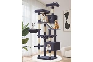 Taoqimiao Tiragraffi per Gatti, 180cm Stabile Tiragraffi per Gatti Adulti xxl con 2 Grotte,1 Amaca, 1 Cestini, 8 Pali Graffiatoi, 2 piattaforme, Materiale di Flanella Morbida, Grigio Fumo MS026LG