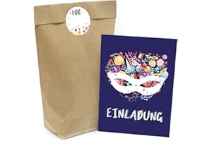 ‎EINLADUNGSKARTEN MANUFAKTUR HAMBURG Kindergeburtstag Einladung Set mit je 8 Einladungskarten, Umschlägen, Tüten und Aufkleber - Motiv: Fasching/Karneval/Verkleiden