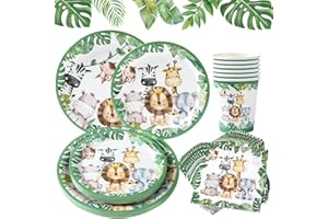 FAIRYMAIDEN Stoviglie per Feste Animali Giungla 24 Ospiti - 96 pezzi Set da Tavola per Feste a Tema Jungle, Stoviglie per Feste di Compleanno per Bambini Compleanno Animali Piatti di Carta Tovaglioli Bicchieri