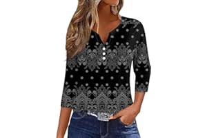 JKJFJKA 3/4 Ärmel V Ausschnitt Shirt Für Damen Elegant Muster Druck Knopf Unten Blusen Lässig Lose DREI Guarter Länge Top