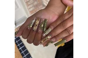 GlamRays Prensa larga en uñas de forma cuadrada, color verde, con diseño de diamantes de imitación, uñas postizas, uñas acrílicas, uñas postizas