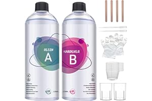 SOUVIK Resina Epoxi Kit 1L (500ml Resin + 500ml Hardener), 1:1 Ratio Crystal Clear Casting Resin Set with Gloves, Measuring Cups & Sticks – Ideal for Wood, Jewelry, Art & DIY Crafts