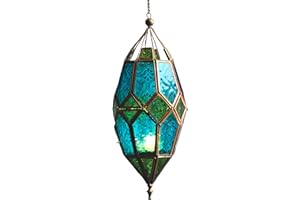 PURITY STYLE Wisząca szklana latarnia tealight w stylu marokańskim (duża zielona/niebieska)