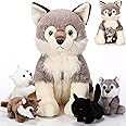 Honoson 5 Pcs Wolf Plush Toy Set 14 Inch Mommy Wolf Stuffed Animal with 4 Baby Wolves Soft Wolf Plushie for Wolf Lover Boys Girls Birthday(Cute)