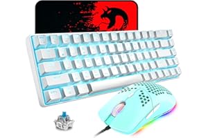 LEXONELEC 60% Mechanical Mini 68 Key Ice Blue Backlit Wired USB C Gaming Keyboard + Lightweight Rainbow Backlight 6400 DPI Honeycomb Mouse + Large Mouse Pad Compatible With PS4,Xbox,PC,Laptop,MAC - Blue Switch