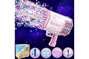 PEKOIU Seifenblasenpistole Bazooka Bubble Gun, 69 Löcher Seifenblasen Luftblasen Maschine Seifenblasenmaschine Pistole Kinder, Elektrische Bubble Machine Gun Mit Lichtern, Bubbleblower für Hochzeit (Rosa)