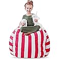 Creative QT Stuff ’n Sit Large 33’’ Bean Bag Storage Cover for Stuffed Animal & Toy, Giant Bean Bag Chair Storage for Toddler & Kids Room Organizer, Hot Pink/White Stripe Stuffed Animal Storage Cover