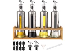 YBCPACK Lot de 4 bouteilles de vinaigre et d'huile avec support en bambou, 4 distributeurs d'huile vides de 500 ml à remplir, bouteille d'huile d'olive avec bec verseur, entonnoir, étiquettes et stylo