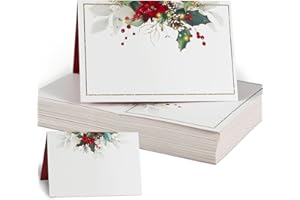BHGT 50pcs Christmas Place Cards - Poinsettias & Pinecone Name Cards for Table Setting - Christmas Table Decoration & Winter Party