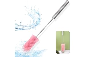 TEKONDA 1 Stück Rosa Flaschenbürste,Silikon Lange Griff Flaschenbürste Lang 37cm,Drehfunktion für Tiefe Reinigung,Wasserflasche,Glas und Milchflasche Flaschenreinig