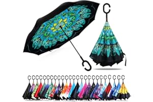 CICILIAYA Double Layer Folding Inverted Umbrella, Self Stand Upside-down Rain Protection Car Reverse Umbrellas with C-shaped Handle Big Straight Umbrella