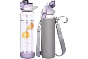 Seekua sportowa butelka na napoje, 1 l, ze słomką i znacznikami czasu, szczelna, bez BPA, motywacyjna, z pokrowcem ochronnym, do smoothie, do napojów gazowanych