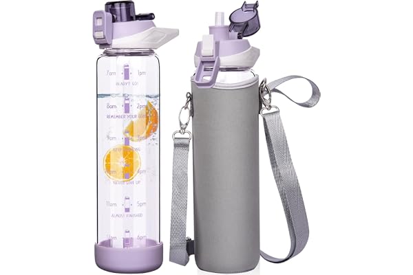Seekua 1l Sport Gourde Verre avec Paille & Heure de Motivation 1 litre grande Bouteille d'eau Verre Réutilisable sans BPA avec Marqueur de Temps