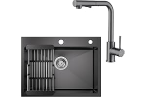 CECIPA Évier Noir Anthracite 60 X 45 Cm Avec Robinet De Cuisine Extensible Gris Noir, Égouttoir Et Siphon - 1 Bac Carré Encastré Avec 2 Trous