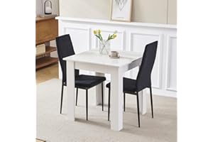Kamorry Dining Table and 2 Chairs,3 Piece Dining Room Set, Wood Kitchen Table with High Gloss Top and 2 Upholstered Chairs for Small Spaces, Apartment (White Table, Velvet Black Chair)