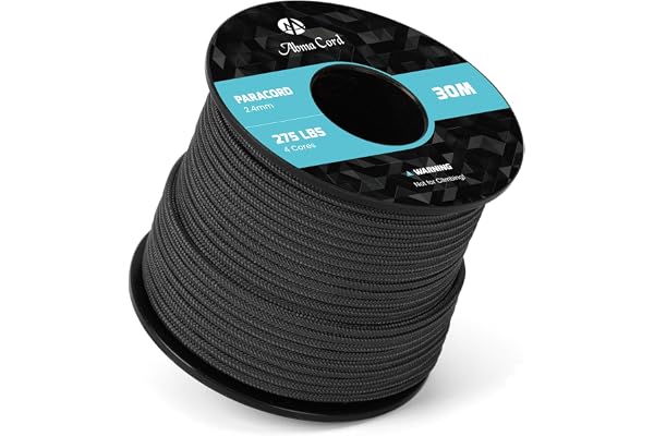 Abma Cord Paracorde 275 Corde en Nylon 2,4 mm Paracord 4 Brins Corde de Survie, Corde Extérieure - Max. 125kg (275lbs) - Noir