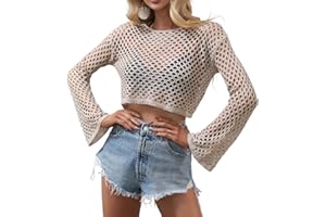YINGKE Mujer Sexy Ganchillo Crop Top Verano Manga Larga Camisetas Hueco hacia Fuera Jersey Punto Ver a Través Cover Up Y2K Streetwear