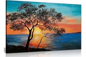 PANTHER PRINT Tree Near The Lake at Sunset Oil Painting Canvas Wall Art Picture Print (24x16in)
