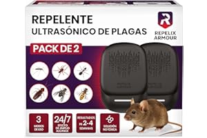 REPELIX ARMOUR Repelente ultrasónico de plagas para Interiores – Pack de 2 – Cubre 140m² por Dispositivo – 3 Modos – Repele Ratones, Ratas, arañas, Mosquitos, Hormigas, Insectos y Moscas