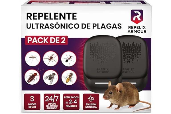REPELIX ARMOUR Repelente ultrasónico de plagas para Interiores – Pack de 2 – Cubre 140m² por Dispositivo – 3 Modos – Repele Ratones, Ratas, arañas, Mosquitos, Hormigas, Insectos y Moscas