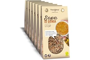Sopa de Quinoa Trevijano: 7 bolsas de 100g cada una. Cada bolsa contiene 8 raciones de sopa con quinoa real, lenteja roja, cebolla, patata, tomate deshidratado, pimiento rojo, puerro