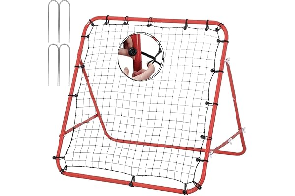 Filet de Rebond en métal avec Angle réglable et 20 Cordes élastiques Filet pour l'entraînement de Football, Tennis, Handball 62x62 cm Rouge