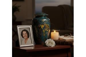 ESPLANADE Metal Cremation Urn | Elephant and Flowers Pattern | Blue | Aluminium | 10" H x 6" W | 3300 ml / 200 cu in | Threaded Lid