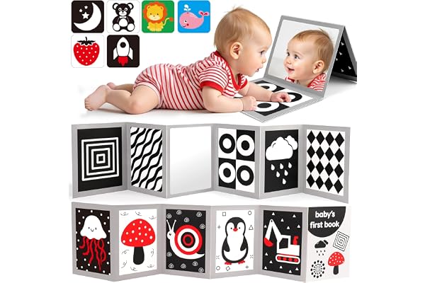 Livre Eveil Bebe 0-3 0-6 Mois, Livre Noir et Blanc Bébé Sensoriel avec Miroir Tummy Time, Carte Contraste Montessori Jeux d’eveil Jouet Bebe 0 3 6 Mois, Cadeau Bébé Naissance Garcon Fille Nouveau-Né