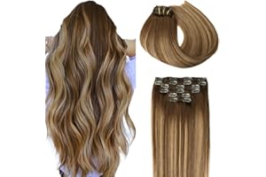 SURNEL Extensiones De Clip De Pelo Natural Balayage Marrón Chocolate a Rubio Caramelo 120g 45cm 6 Piezas Extensiones De Clip De Humano Real Extensiones Pelo Remy (C#4/27/4-45cm)