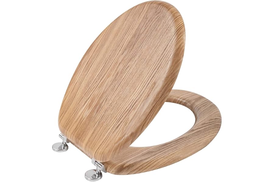 Angel Shield Antibacterial Wooden Toilet Seat - Adjustable Hinges, Always Fits, Never Slips - 45 x 37 x 5.6 cm (Solid Oak)