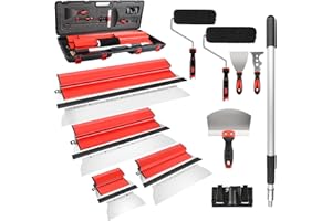 suokoun Trockenbau-Klingen-Set mit Koffer, 25 cm, 40cm, 60cm und 80cm, Edelstahl-Klingen, Verbundrollen, 70 cm - 155 cm Verlängerungsgriff, Spachtelmesser und Bogenschaber für
