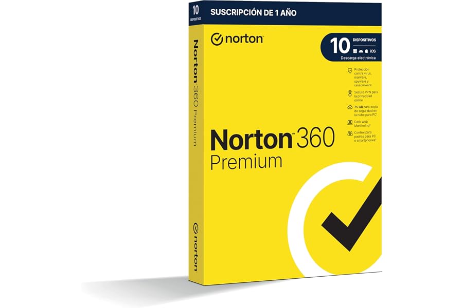 Norton 360 Premium 2026 - Antivirus Software para 10 Dispositivos, 1 Año, para PC, Mac, Tableta o Smartphone