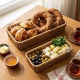 DEİNHAUS Hasır &Ouml;rg&uuml; Dikd&ouml;rtgen Sepet Tepsisi, 2'li Set, Doğal Renk, Ekmek ve Organizer Kullanımı, 28x10 cm ve 24x9 cm