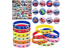 LGQHCE Accessori per feste auto da corsa, Lightning McQueen, Kit di forniture per feste per auto da corsa pacchetto all-in-one, accessori per feste con adesivi cartoni animati, bracciale, badge, 74 pezzi