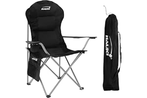 Hauki Chaise de Camping Pliable Noir avec Porte-Boisson - Chaise de Pêche Rembourrée Extra Large Dossier Haut - Portable pour Extérieur et Jardin avec Sac de Transport, jusqu'à 150kg