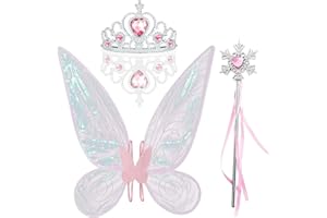 PRO-NOKE Butterfly Fairy Wings with Crown Fairy Wand 3 Pcs Fairy Princess Costume Accessories for Girls Women Fancy Party Dress Up (Pink)