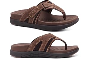 COFACE Mens Flip Flops with Arch Support Comfortable Leather Beach Sandals for Men Orthopedic Thick Cuhsion Adjustable Man Flip-flop Outdoor