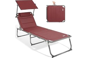 Homecall XXL Aluminium Sun Lounger with Sun Roof Three-Legged Beach bed 200x70 cm Maximum Load 150 kg, Red textilene, Quick Dry Foam