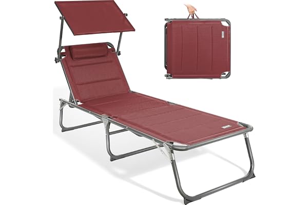 Homecall Chaise longue avec pare-soleil intégré et mousse à séchage rapide, format XXL, 200 x 70 cm (Rouge)