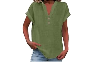 Yinguo Ladies Tops 2025 Women's Summer Cotton Linen Cap Sleeve T-Shirt Button V Neck Tunic Tops Fashion Baggy Solid Plain Casual Shirts Trendy Blouse