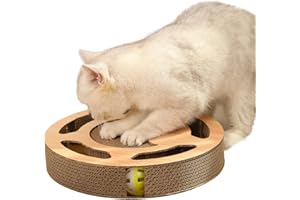 Heikoeco® Katzenspielzeug, Kratzbrett Katze, Interaktives Kratzbrett, Katzenspielzeug Selbstbeschäftigung mit 2 Glöckchen aus langlebiger Wellpappe, 3 in 1 Kratzpappe für Katzen (Holz, Rund)
