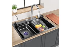 Ozonlife Évier de Cuisine Cascade Multifonction,Evier de Cuisine à Comptoir Raindance Professionnel Lavabo Acier Inoxydable avec Lave Verre & Robinet Extractiblen Haute Pression Noir 75x46cm