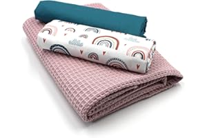 VmG-Store Waffle pique + tela de algodón, juego de tela de gofre a juego, 100% algodón, Tex Standard 100 (arcoíris pastel blanco set02)