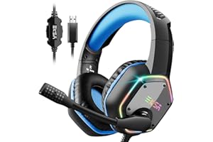 EKSA E1000 USB Gaming Headset for PC - Computer Headphones with Microphone/Mic Noise Cancelling, 7.1 Surround Sound Wired Headset & RGB Light - Gaming Headphones for PS4/PS5 Console Laptop (Blue)