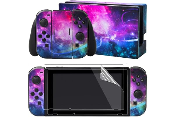 eXtremeRate Autocollant pour Nintendo Switch Manette,Sticker Skin pour Switch Console & Joycon & Dock avec 2 Protection d'Écran-Galaxie Brillante